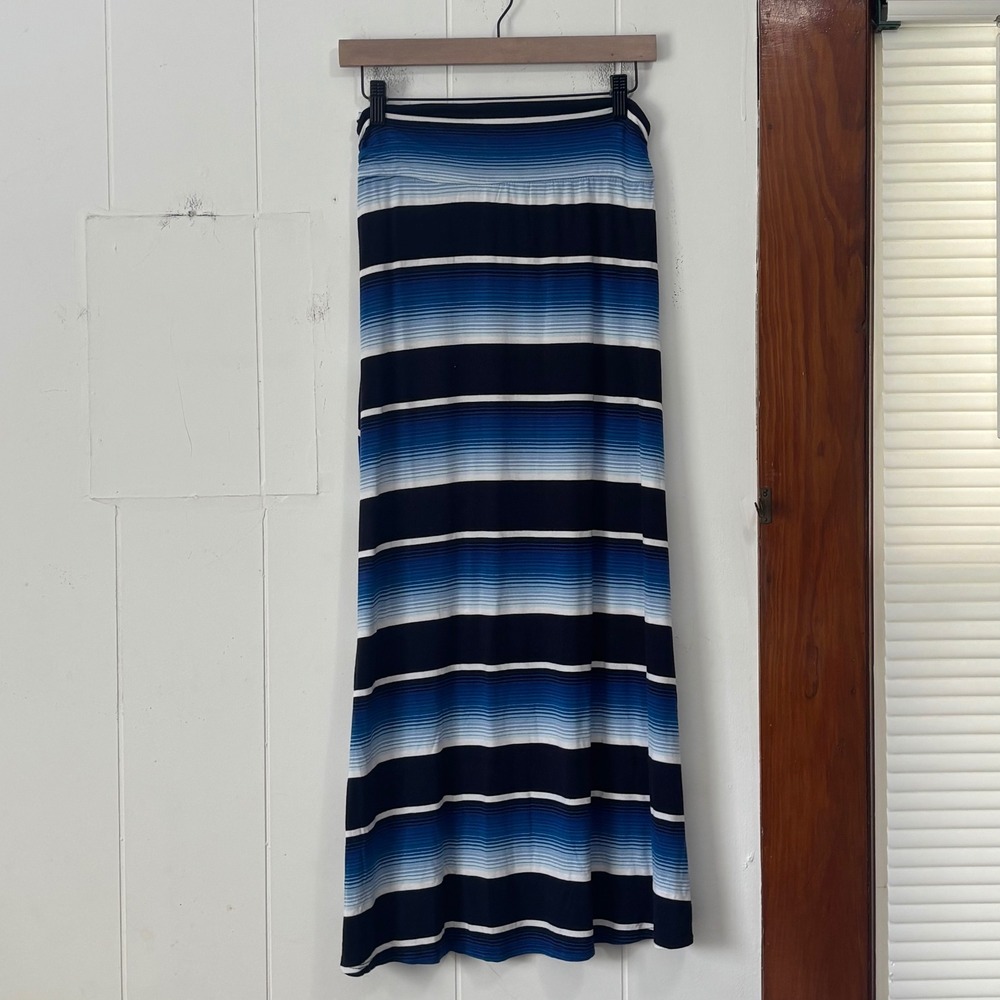 Merona Womens Blue Striped Maxi Skirt Small Foldover Waist Jersey Knit Long S